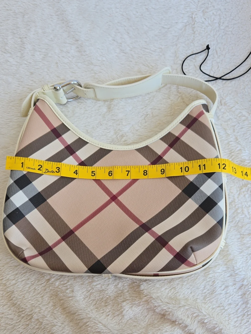 BURBERRY Vintage House Check White Leather Hobo Shoulder Bag with Dust Bag